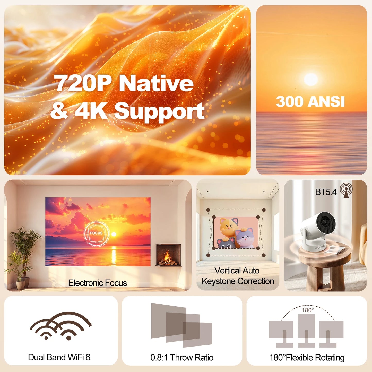 Magcubic HY300 Pro + Ultra Projector 4K 720P Portable Projector with WiFi 6 BT5.4 Auto Vertical Keystone 5W Speaker 180 Rotation